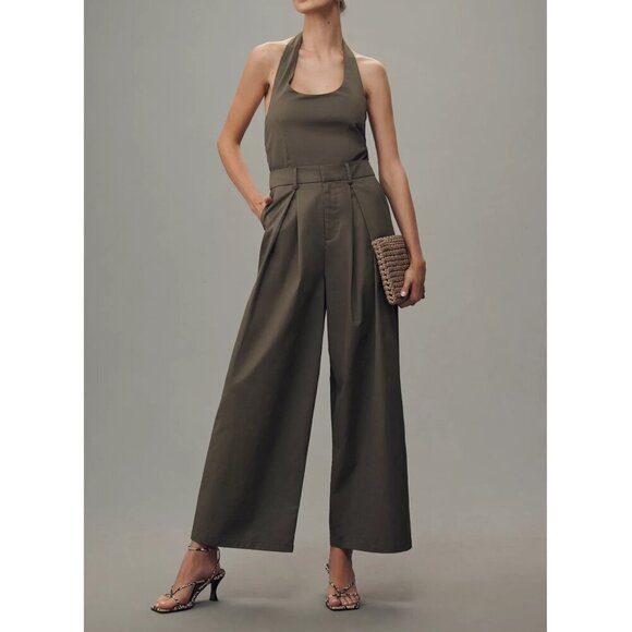 NWT Anthropologie Flat White Halter Grey Career Wide Leg Trouser Jumpsuit Sz. M